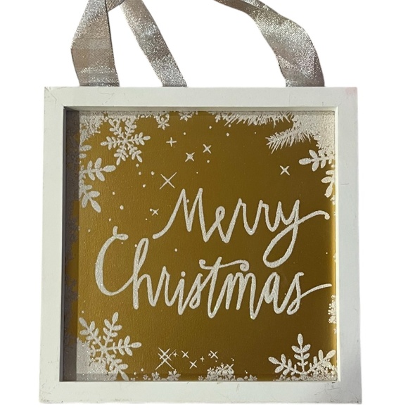 Merry Christmas Sparkle Wall Hanging Gold Face White Frame w/Silver Ribbon NWT - Picture 3 of 4